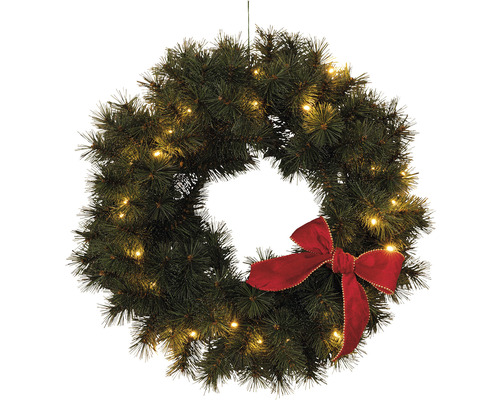 Coroană de Crăciun cu fundă și iluminare