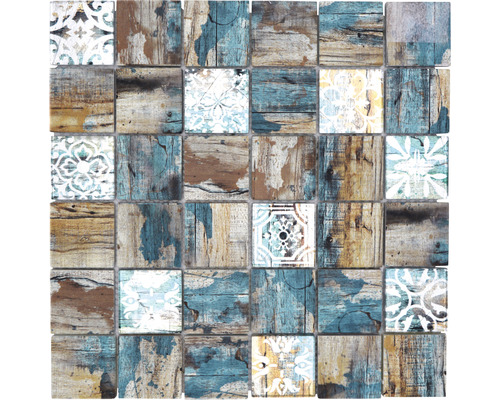 Mozaic sticlă XCM Wood 800 bej, imitație lemn, 29,8x29,8 cm Placă de mozaic pătrată cu design din lemn și model pentru decorațiuni de pereți și podele