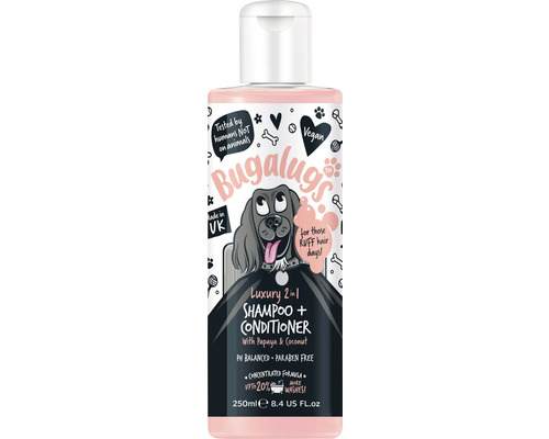 Șampon pentru câini Bugalugs Luxury 2 în 1 cu aromă de papaya și cocos 250 ml Bugalugs Luxury 2 în 1 șampon și balsam cu papaya și cocos pentru câini, 250 ml