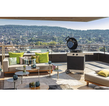 Loc de grătar pe o terasă pe acoperiș cu canapele și vedere la oraș