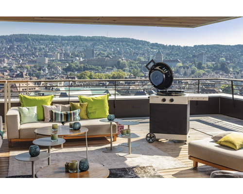 Loc de grătar pe o terasă pe acoperiș cu canapele și vedere la oraș