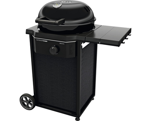 Grătar pe gaz OUTDOORCHEF DAVOS 570G 1 arzător 8,5 kW suprafață de gătire Ø 54 cm incl. termometru integrat în capac, masă laterală pliabilă, tavă de colectare grăsime, furtun și regulator