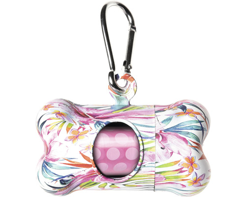 Distribuitor de pungi pentru excremente canine în formă de os, cu model floral şi carabină