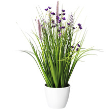 Plantă artificială decorativă cu iarbă verde și flori mov într-un vas alb