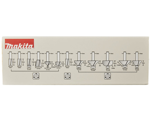 Sigla Makita, ilustrație a diferitelor freze cu dimensiuni