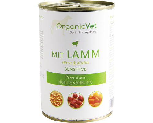 Hrană umedă pentru câini OrganicVet Sensitive cu miel, dovleac și mei 400 g