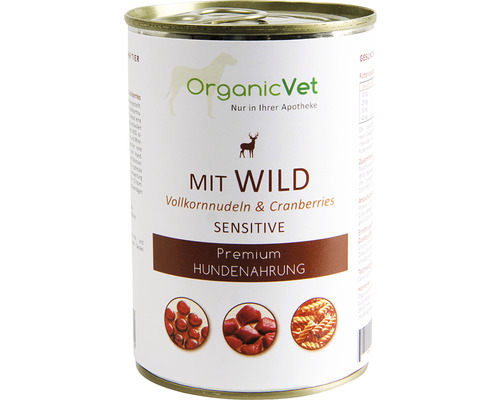 Hrană umedă pentru câini OrganicVet Sensitive cu vânat, merișoare și paste 400 g