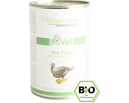 Hrană umedă pentru câini OrganicVet BioVet cu curcan, orez, morcovi și mere organice 400 g