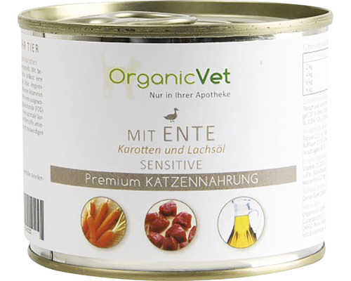Hrană umedă pentru pisici OrganicVet Sensitive cu rață, morcovi și ulei de somon 200 g