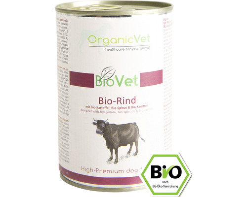 Hrană umedă pentru câini OrganicVet BioVet cu vită, cartofi, spanac și morcovi organici 400 g