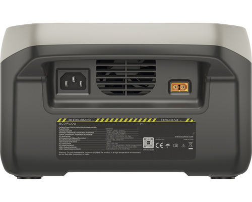 Partea din spate a unei stații de alimentare portabile EcoFlow cu porturi și date tehnice