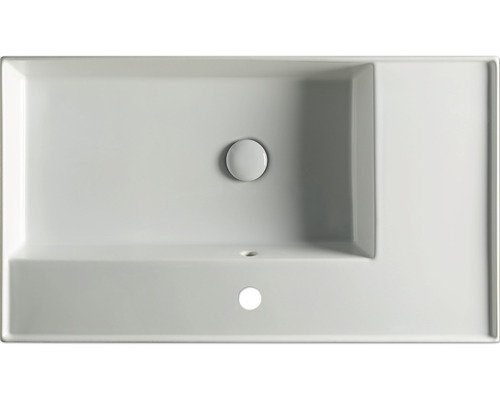 Vedere de sus a unei chiuvete dreptunghiulare din ceramică sanitară cu orificiu pentru robinet și preaplin