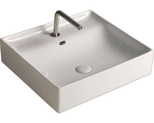 Chiuvetă pătrată ceramică, montată pe blat, cu robinet