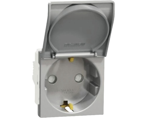 Priză simplă cu împământare Schneider Unica, capac de protecție, nuanță aluminiu Priză cu capac rabatabil pentru exterior