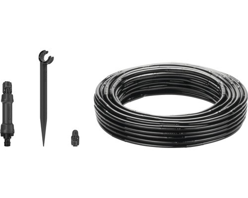 Furtun de grădină, stâlp de susținere, racord și dop pentru sistem de irigare