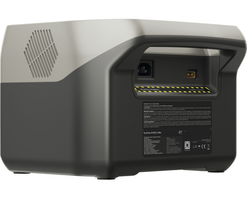 Imagine din spate cu centrala electrică EcoFlow River 2 Max, cu porturi și grilă de ventilație