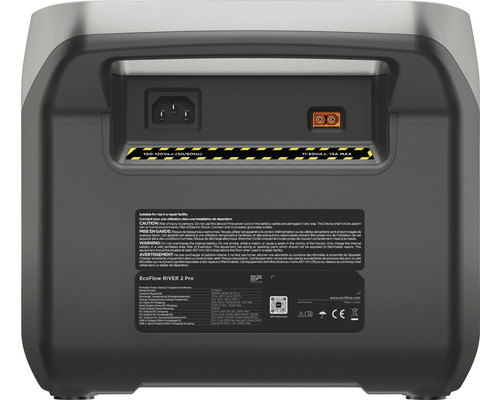 Vedere din spate a unei centrale electrice portabile EcoFlow RIVER 2 Pro cu priză și conexiune
