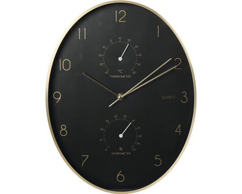 Ceas de perete cu termometru și higrometru, negru/auriu, 34,5x27,1x4,2 cm