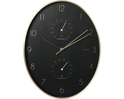 Ceas de perete cu termometru și higrometru, negru/auriu, 34,5x27,1x4,2 cm Ceas de perete analogic cu termometru și higrometru