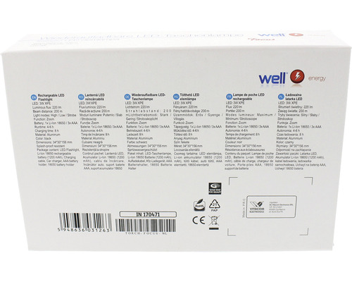 Ambalajul unei lanterne LED reîncărcabile cu detalii tehnice
