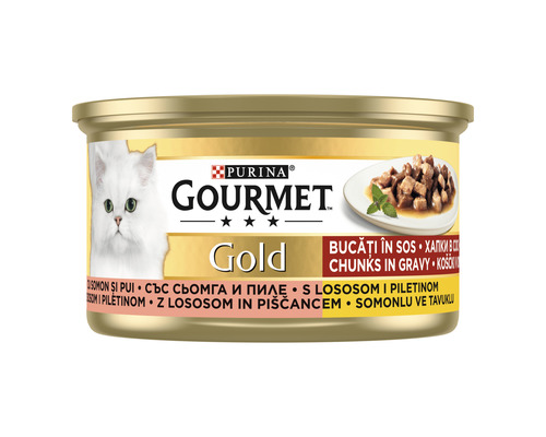 Hrană umedă pentru pisici PURINA Gourmet Gold cu somon și pui în sos 85 g
