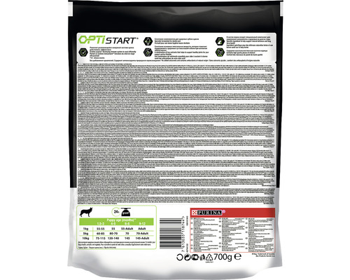 Spatele ambalajului de hrană pentru căței Purina cu informații despre produs și recomandări de hrănire.