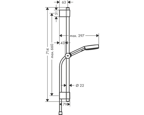 Desen tehnic al unei bare de duș cu dimensiuni.