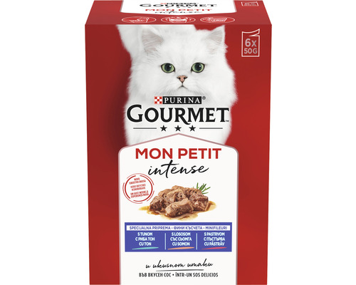 Hrană umedă pentru pisici PURINA Gourmet mon Petit cu ton, somon și păstrăv în sos 6x50 g
