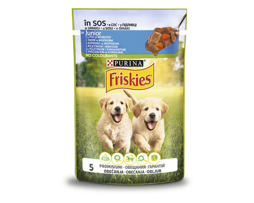 Hrană umedă pentru câini PURINA Friskies Junior cu pui și morcov în sos 100 g