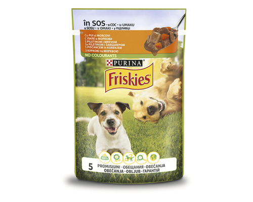 Hrană umedă pentru câini PURINA Friskies Adult cu pui și morcovi în sos 100 g