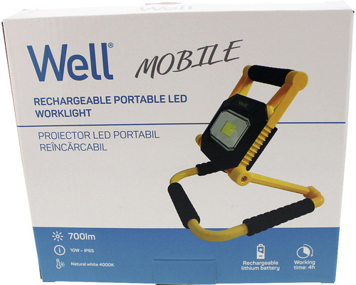 Ambalajul unei lămpi de lucru cu LED, portabile și reîncărcabile marca Well