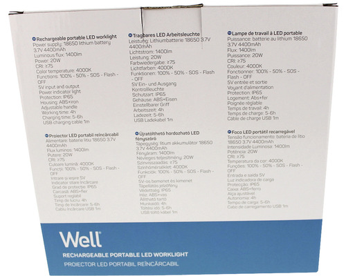 Ambalajul unei lămpi de lucru portabile cu LED reîncărcabile, cu detalii tehnice în diferite limbi