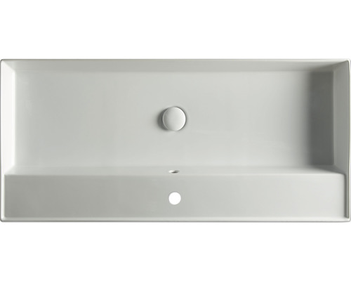 Vedere de sus a unei chiuvete dreptunghiulare din ceramică cu dop de scurgere și orificiu pentru robinet