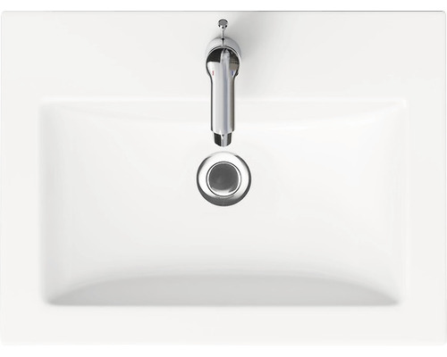 Chiuvetă ceramică albă cu baterie cromată și ventil de scurgere