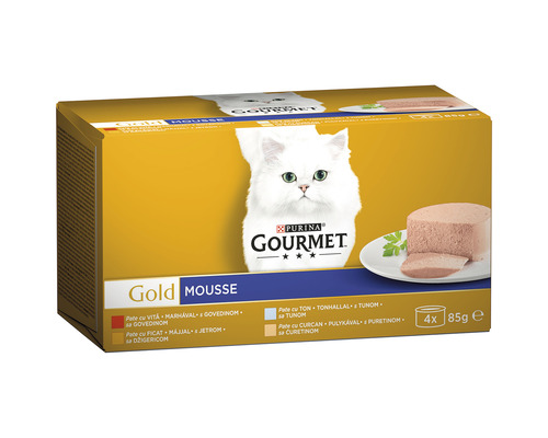 Hrană umedă pentru pisici PURINA Gourmet Gold Mousse cu vită/curcan/ficat/ton 4x85 g