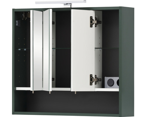 Dulap cu oglindă deschis, cu iluminare și rafturi de sticlă