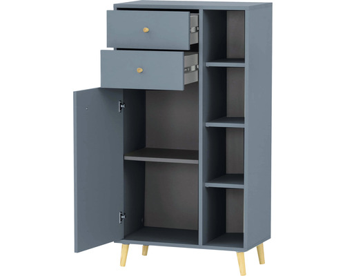 Dulap multifuncțional gri cu două sertare, o ușă și rafturi deschise