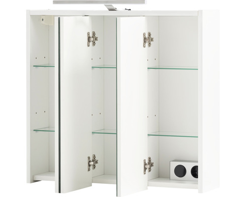 Dulap cu oglindă alb deschis, cu rafturi din sticlă și iluminare