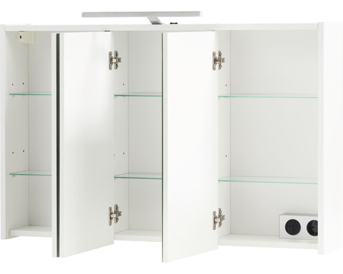 Dulap cu oglindă alb cu trei uși, rafturi de sticlă și iluminare