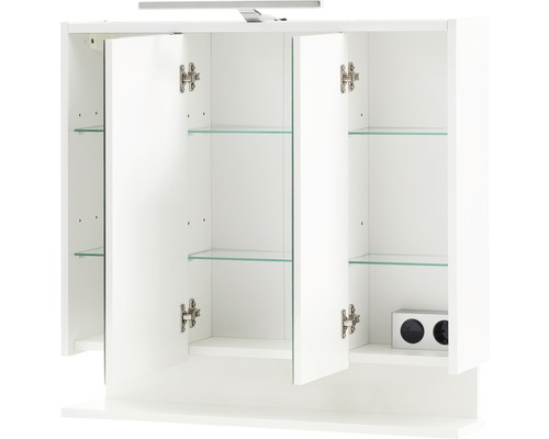 Dulap cu oglindă alb deschis, cu rafturi de sticlă și iluminare