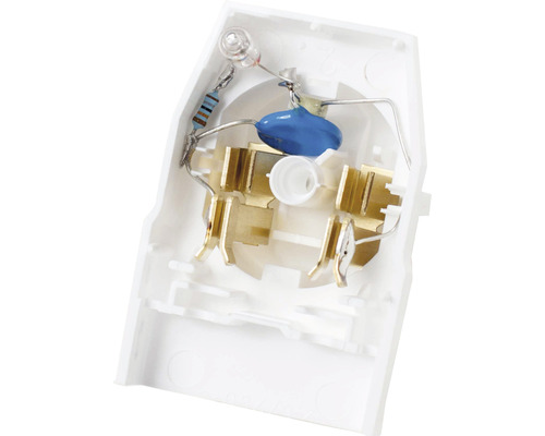 Vedere interioară a unei prize cu componente electronice și contacte metalice