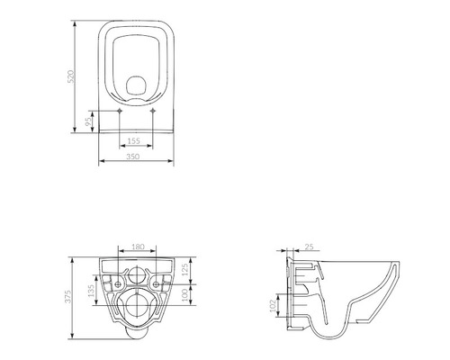 Desen tehnic al unui WC suspendat cu dimensiuni.