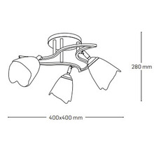 Desen al unei lămpi de plafon cu trei becuri și dimensiunile 400 x 400 mm și înălțimea de 280 mm.