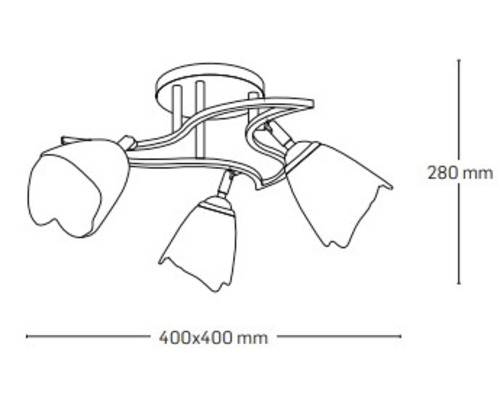 Desen al unei lămpi de plafon cu trei becuri și dimensiunile 400 x 400 mm și înălțimea de 280 mm.