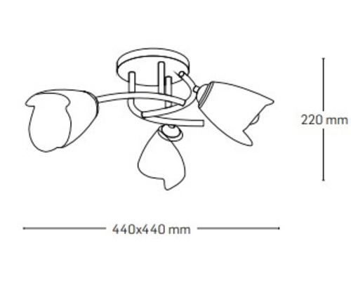 Desen tehnic al unei lămpi de tavan cu trei brațe și dimensiunile de 440 x 440 x 220 milimetri.