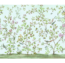 Tapet cu model floral, copaci și motive cu păsări