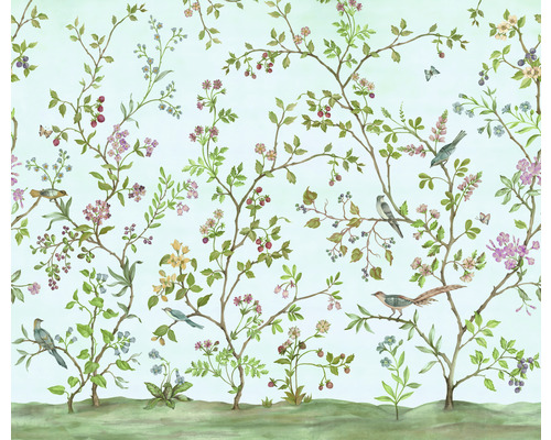 Tapet cu model floral, copaci și motive cu păsări