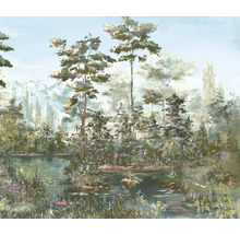 Lac pictat cu copaci și munți în fundal