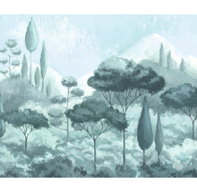 Ilustrație a unui peisaj forestier cu copaci și dealuri