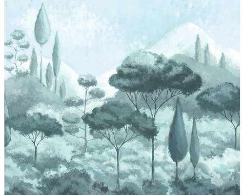 Ilustrație a unui peisaj forestier cu copaci și dealuri